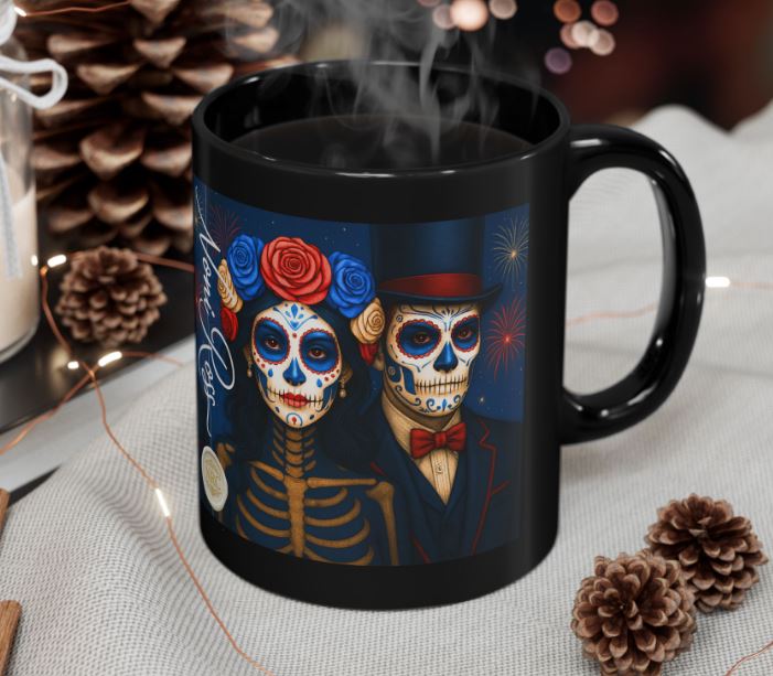 July patriotic Day of the Dead couple mug styled mockup fireworks sugar skull king queen