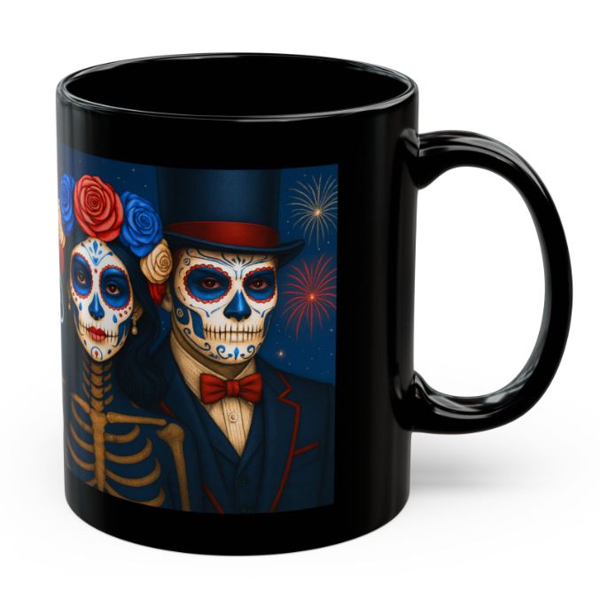 July sugar skull couple mug patriotic Day of the Dead king queen fireworks right side view