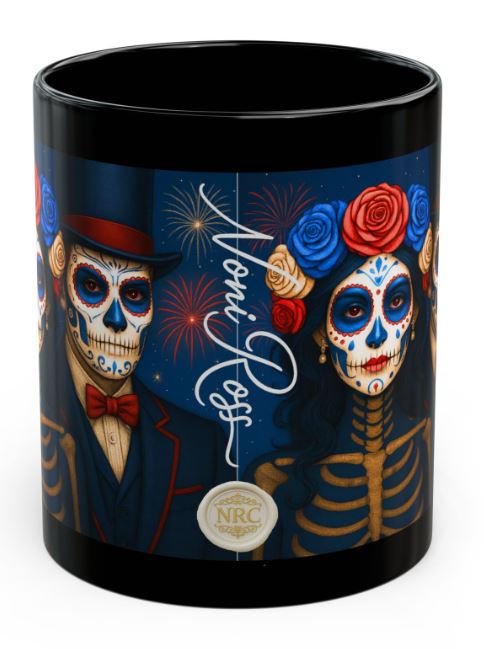 July patriotic gothic couple mug spine view no handle sugar skull king queen