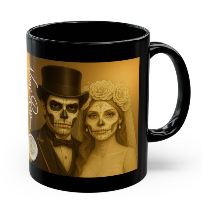 June Day of the Dead couple mug wedding theme gold sugar skull king queen 11oz ceramic Noni Ross Creations