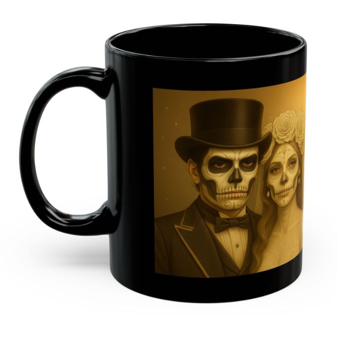 June gold wedding gothic couple mug sugar skull king queen side view ceramic mug
