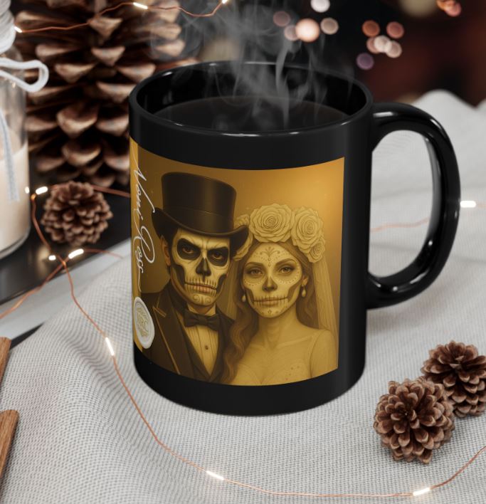 June gold wedding Day of the Dead couple mug styled mockup sugar skull king queen