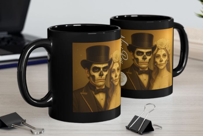 June gothic wedding couple mug gold sugar skull design kitchen mockup