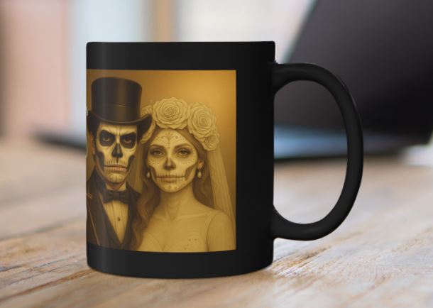 June Day of the Dead wedding mug gold couple design mockup Noni Ross Creations
