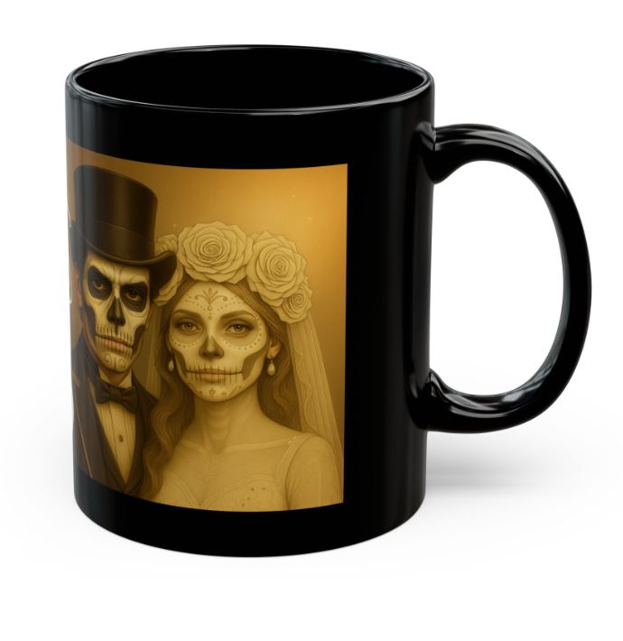 June sugar skull couple mug gold wedding Day of the Dead king queen right view