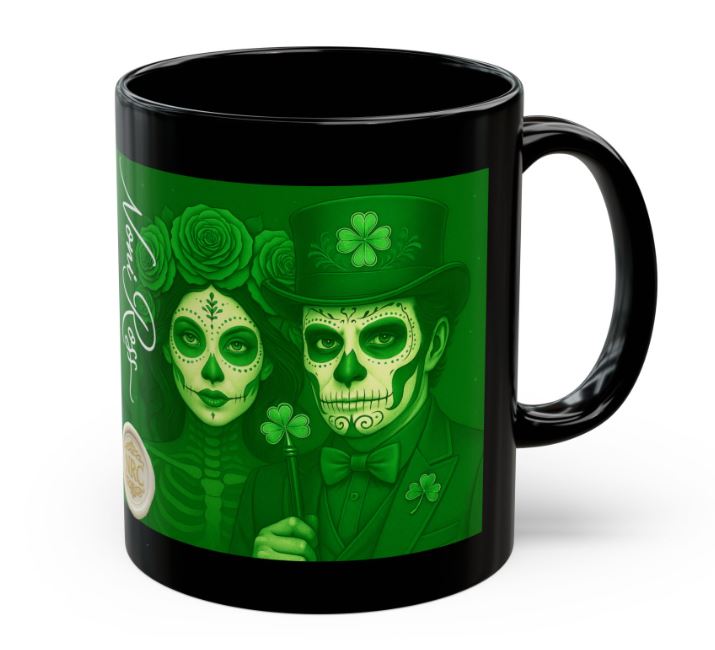 March Day of the Dead couple mug green sugar skull king queen 11oz ceramic Noni Ross Creations