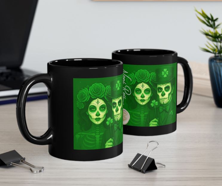 March gothic couple mug green sugar skull design kitchen mockup ceramic