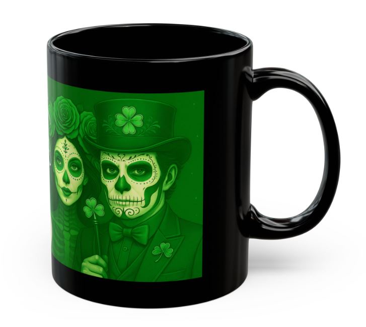 March sugar skull couple mug green Day of the Dead king queen right side view