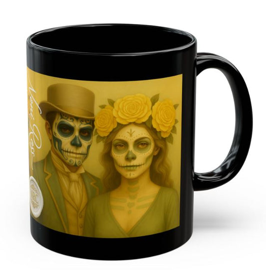 May Day of the Dead couple mug yellow sugar skull king queen 11oz ceramic Noni Ross Creations