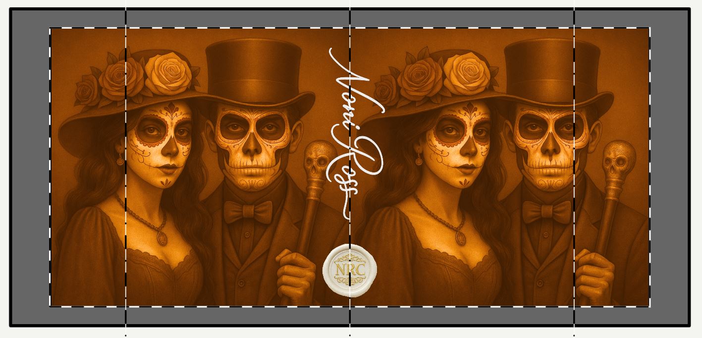 November Day of the Dead couple mug close up harvest sugar skull faces warm earthy tones