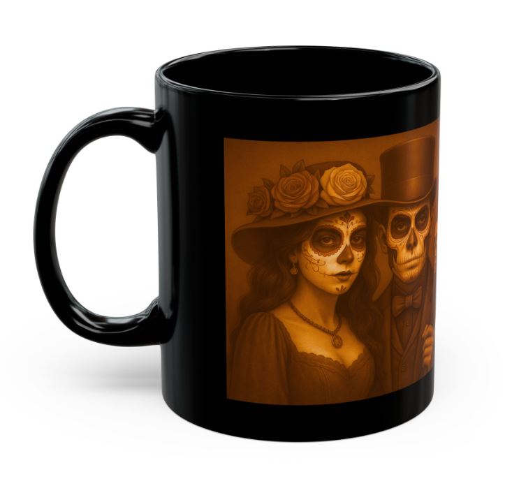 November harvest gothic couple mug sugar skull king queen warm brown tones side view