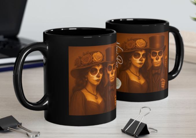 November gothic couple mug brown harvest sugar skull design kitchen mockup