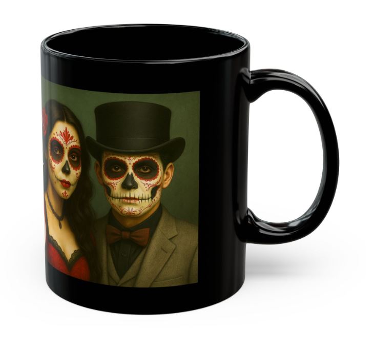 October sugar skull couple mug Halloween Day of the Dead king queen right side view