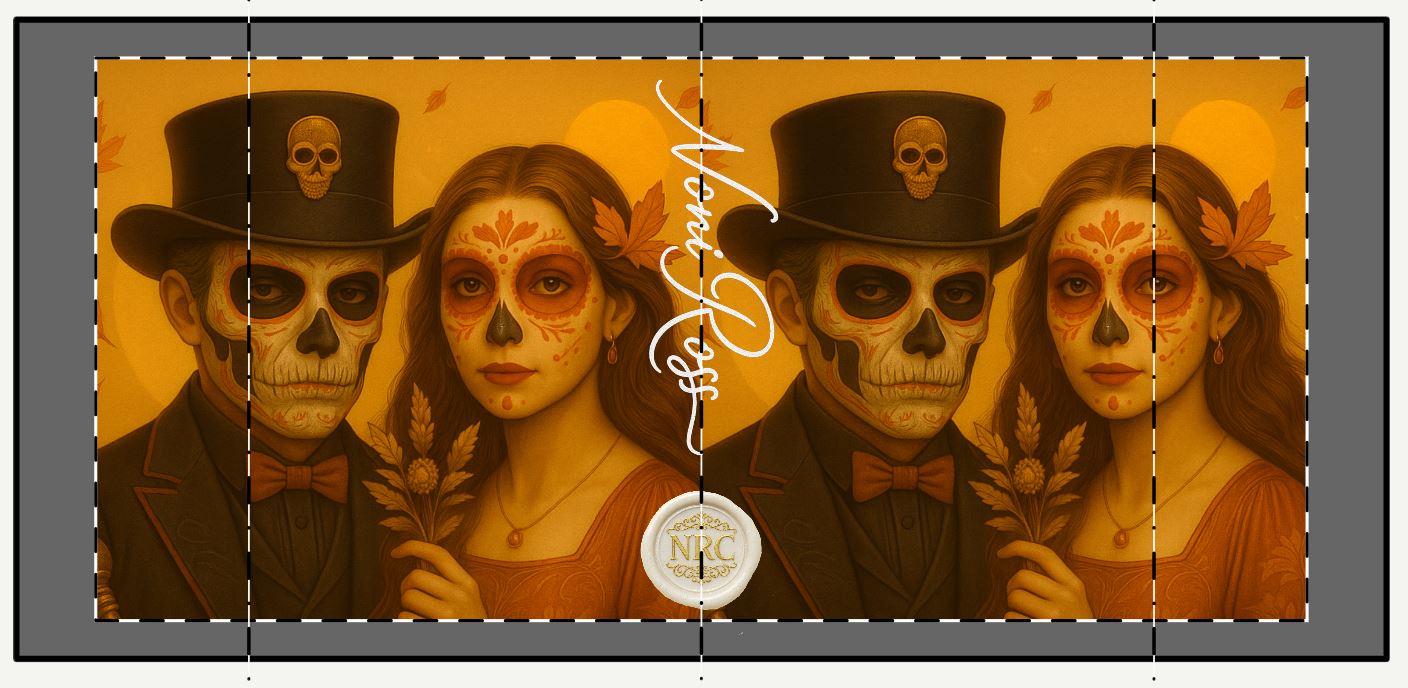 September Day of the Dead couple mug close up autumn sugar skull faces warm seasonal tones