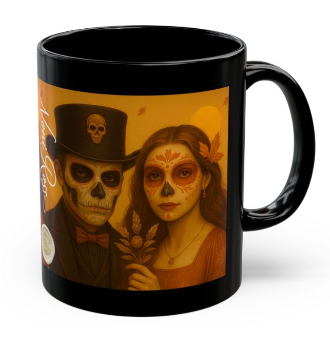 September Day of the Dead couple mug autumn orange sugar skull king queen 11oz ceramic Noni Ross Creations