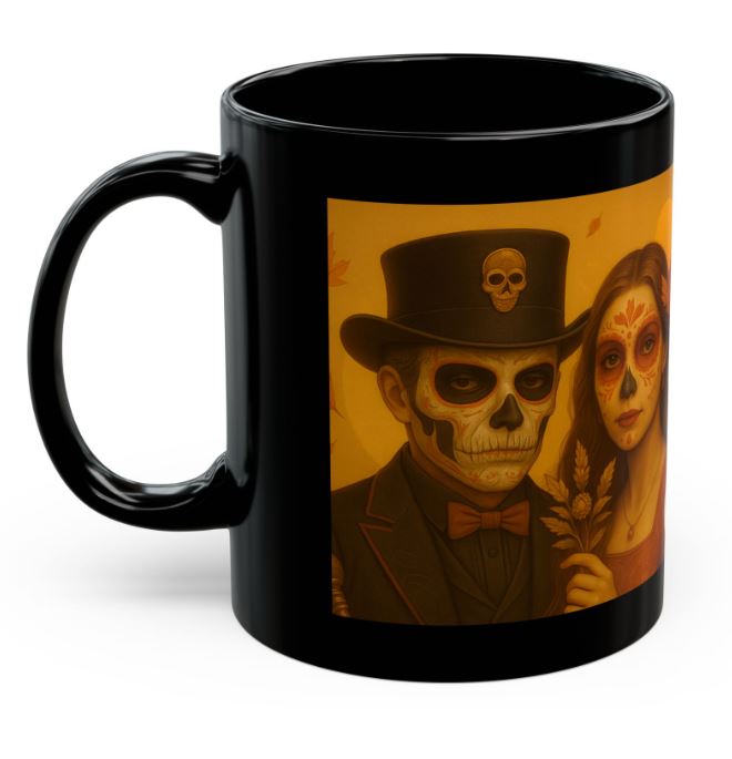 September autumn gothic couple mug sugar skull king queen warm tones side view