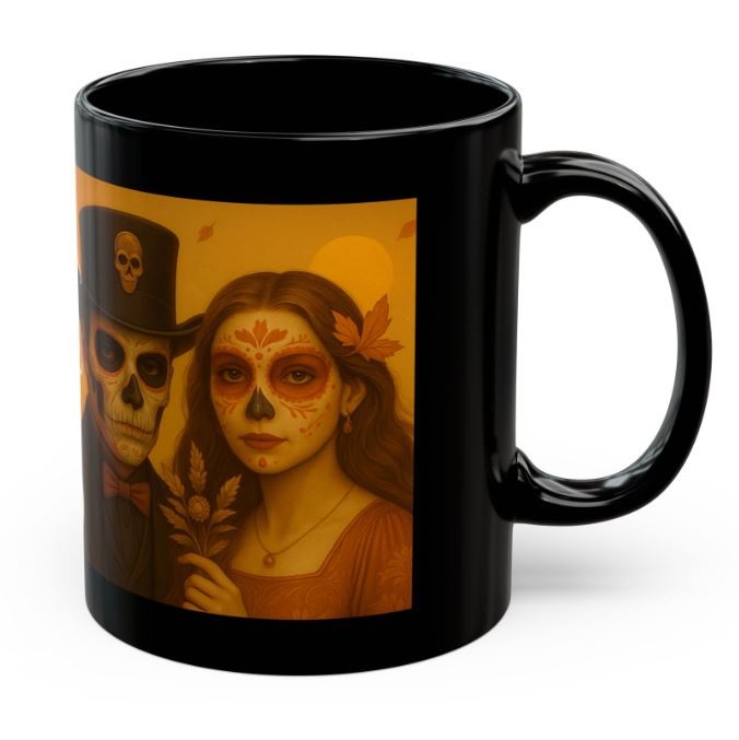 September sugar skull couple mug fall Day of the Dead king queen right side view