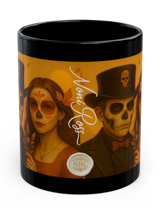 September autumn gothic couple mug spine view no handle sugar skull king queen