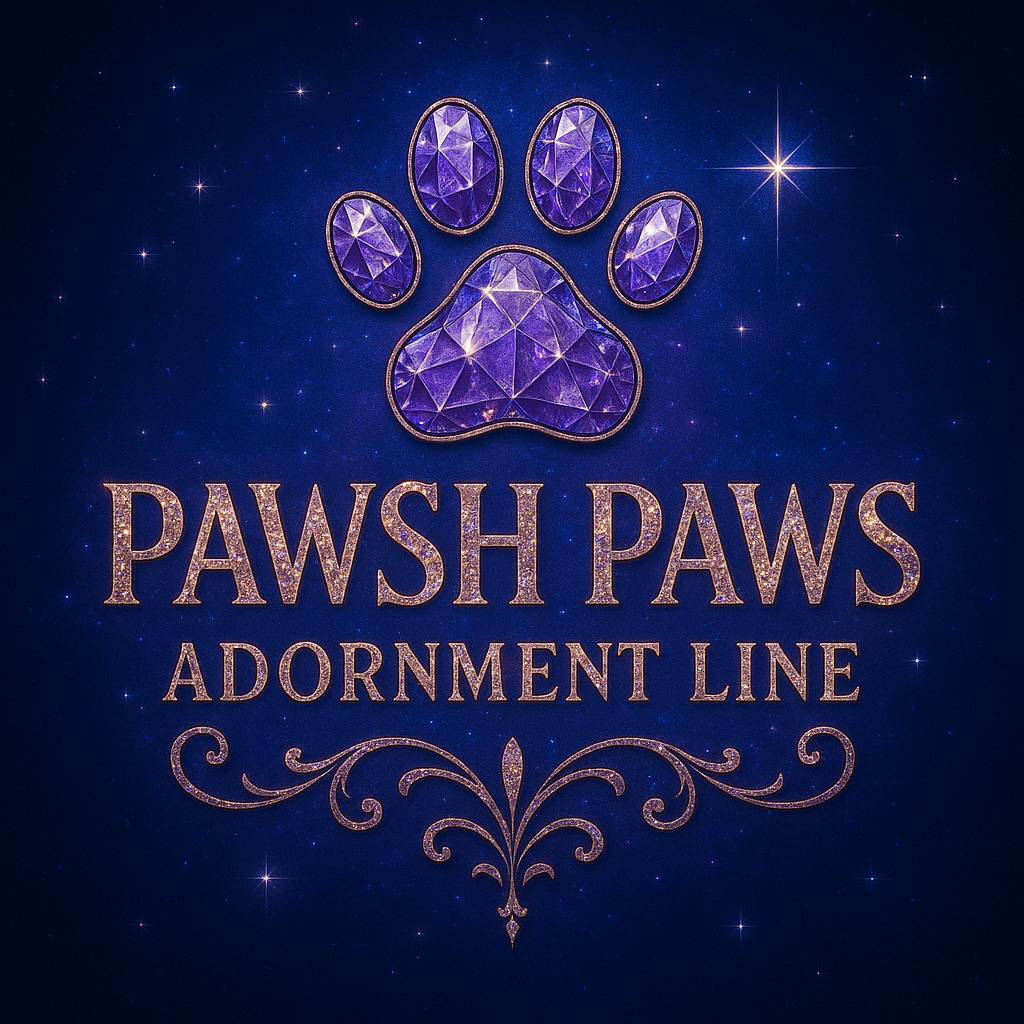 Pawsh Paws Adornment Line main galaxy badge with gemstone paw and gold lettering on starry night background, luxury pet brand by Noni Ross Creations