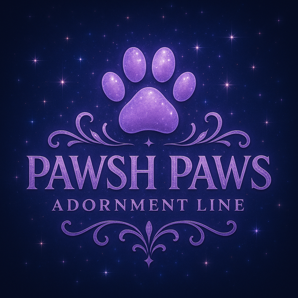 Pawsh Paws Adornment Line smooth logo with soft purple paw and elegant typography on starry background, premium pet accessory brand by Noni Ross Creations