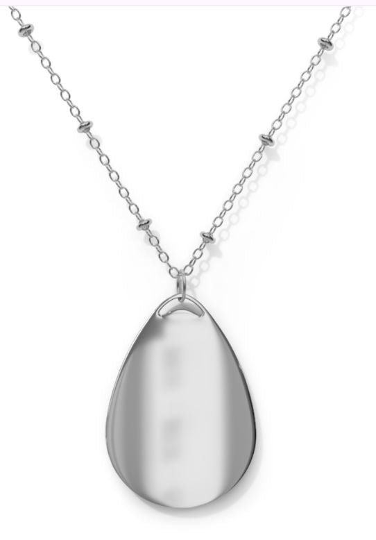 Back view of silver teardrop pendant necklace showing smooth metal backing and chain detail