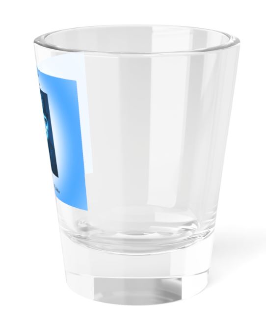 left side view of shot glass with blue catrina and catrin couple artwork and partial wrap design