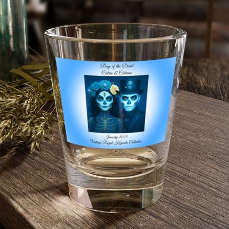 blue vintage royal catrina and catrin shot glass styled for ecommerce listing collectible drinkware