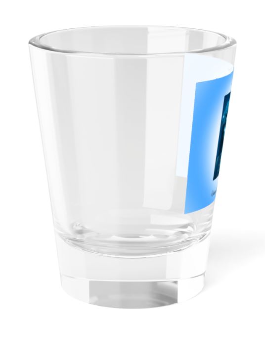 right side view of 1.5oz shot glass showing detailed day of the dead couple portrait in blue tones