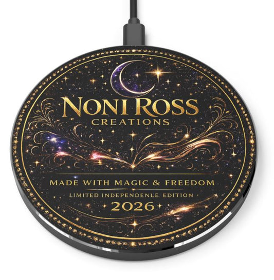 NRC wireless charger with celestial gold logo design on black starry background round charging pad