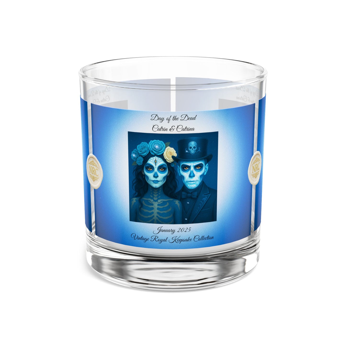 January day of the dead royal couple rocks glass 10oz with blue catrin and catrina vintage keepsake design