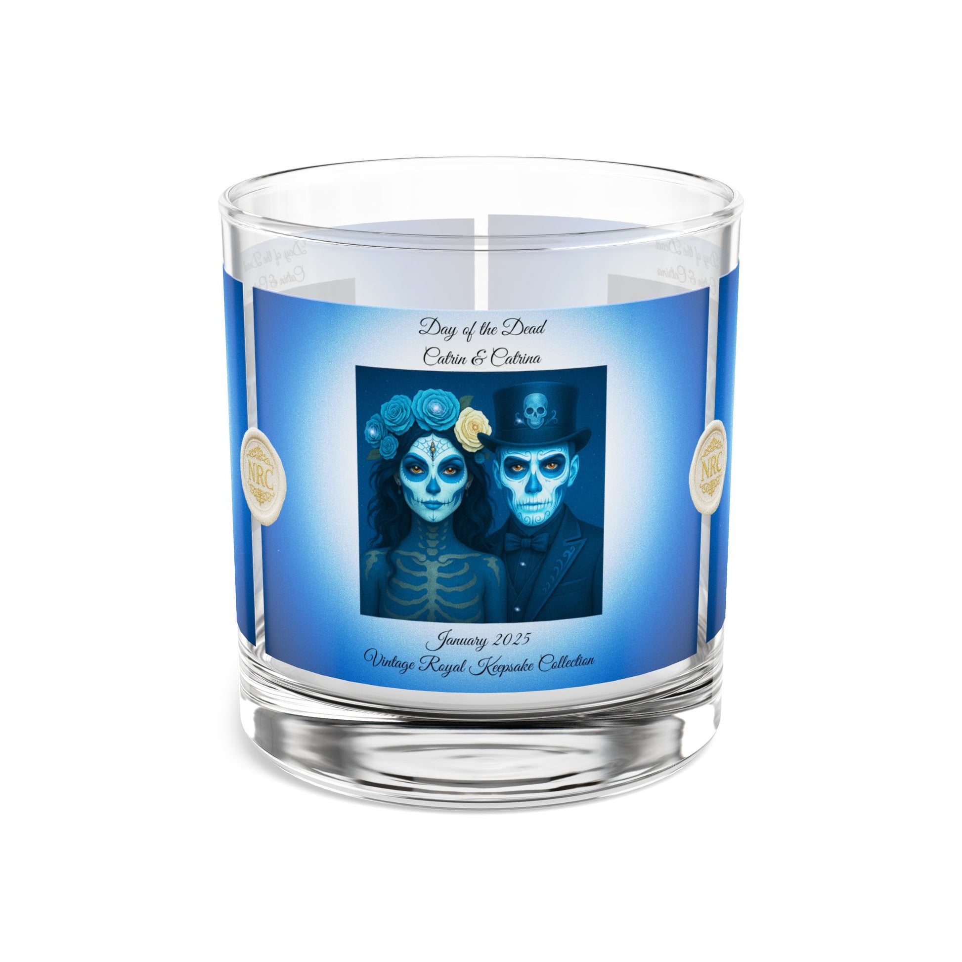 January day of the dead royal couple rocks glass 10oz with blue catrin and catrina vintage keepsake design