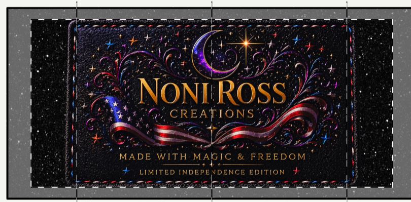 Close up of Noni Ross Creations logo with gold lettering crescent moon and star details on mug