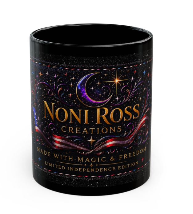 Back view of black mug featuring celestial starry design with patriotic red white and blue accents