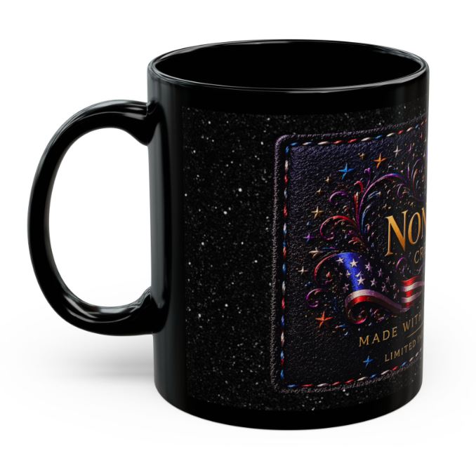 Left side view of Noni Ross Creations mug showing crescent moon stars and swirling patriotic design