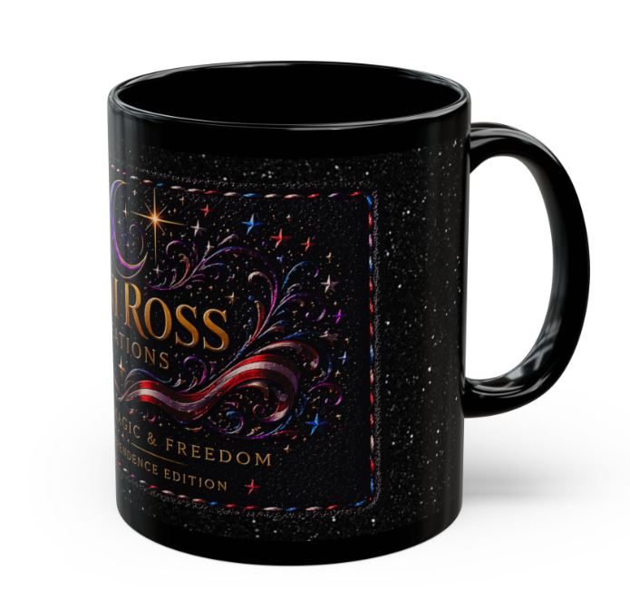 Noni Ross Creations black ceramic mug with celestial gold logo and patriotic star design