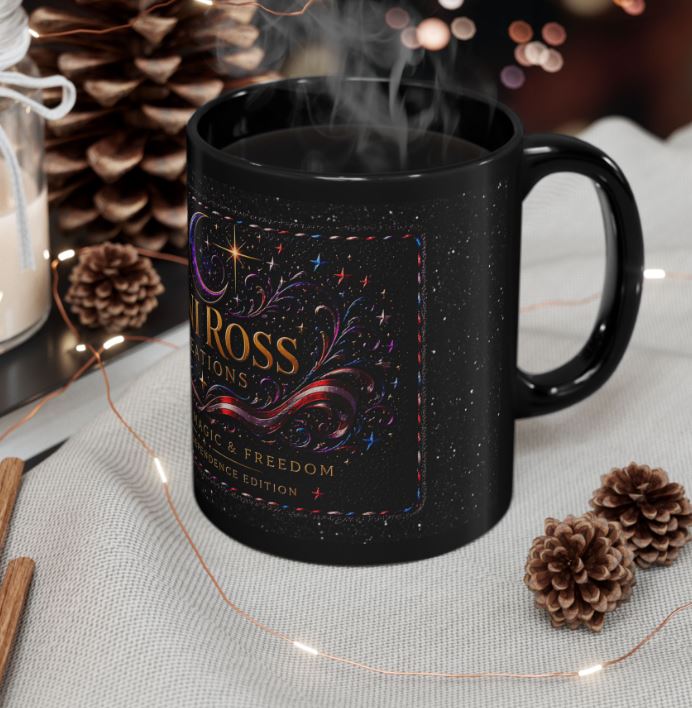 Lifestyle mockup of Noni Ross Creations mug on table with glowing celestial and patriotic design