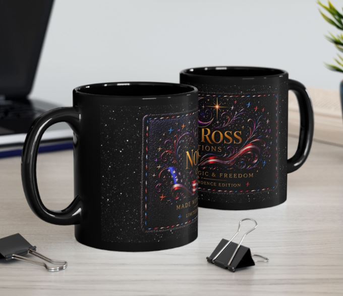 Modern desk mockup featuring black mug with gold logo stars and independence edition styling