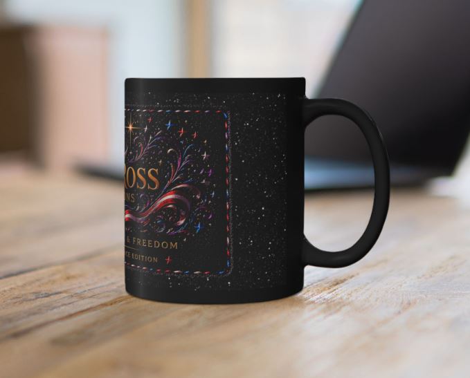 Cozy setting mockup of celestial themed mug with moon stars and red white blue accents