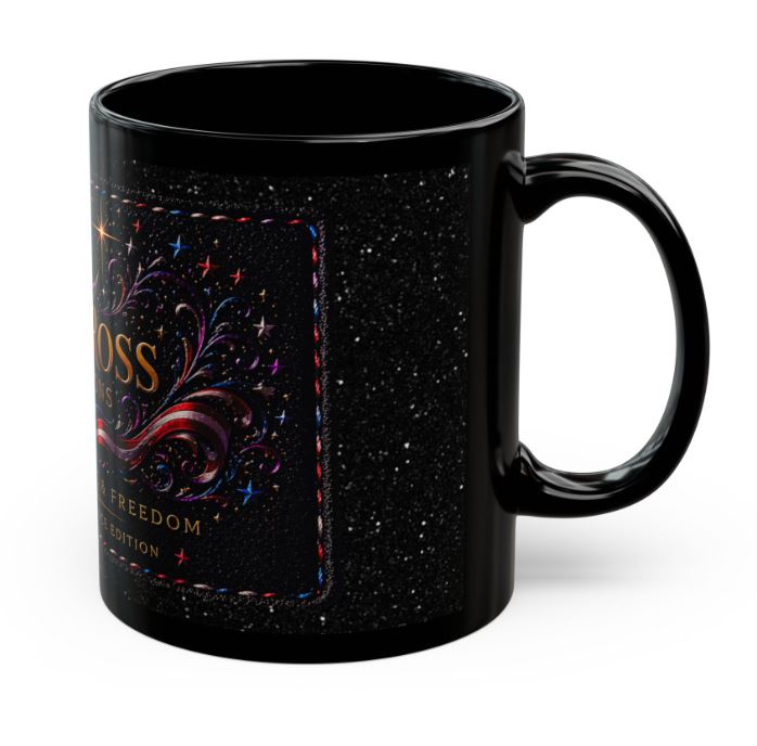 Right side view of black ceramic mug with galaxy stars and American flag inspired accents