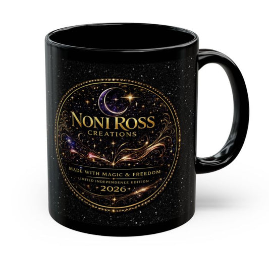 Black ceramic mug with detailed gold logo and celestial artwork on premium finish