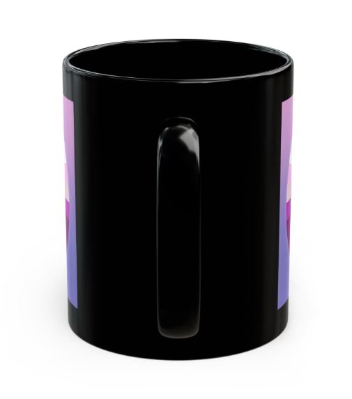 Back view of black ceramic mug showing continuation of vibrant color wheel artwork