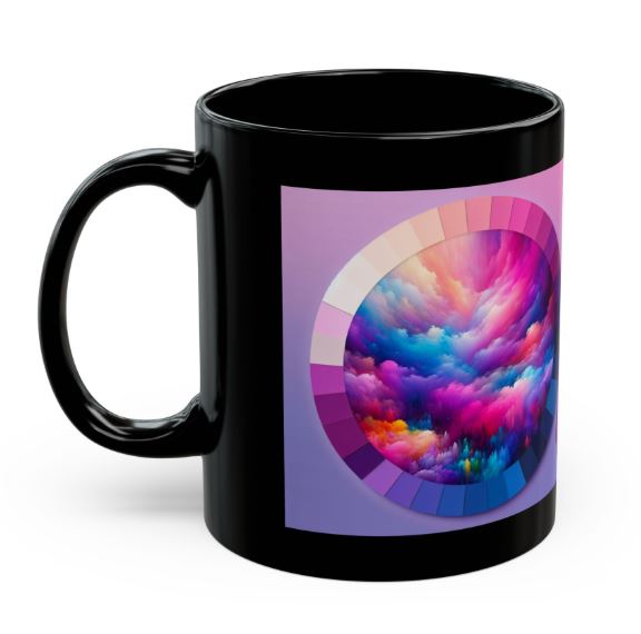 Left side view of artistic mug featuring multicolor cloud swirl and gradient tones