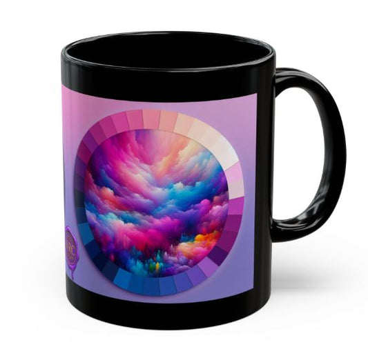 Dreamscape color wheel mug with vibrant abstract clouds on black ceramic 11oz coffee cup