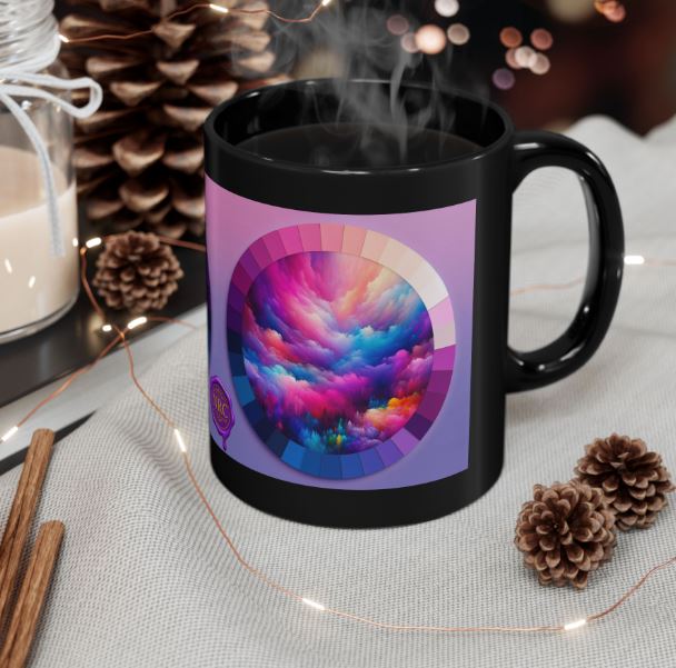Lifestyle mockup of colorful dreamscape mug on desk with vibrant artistic design