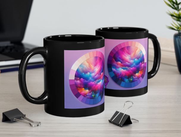 Close-up mockup of abstract cloud art mug highlighting rich colors and detail
