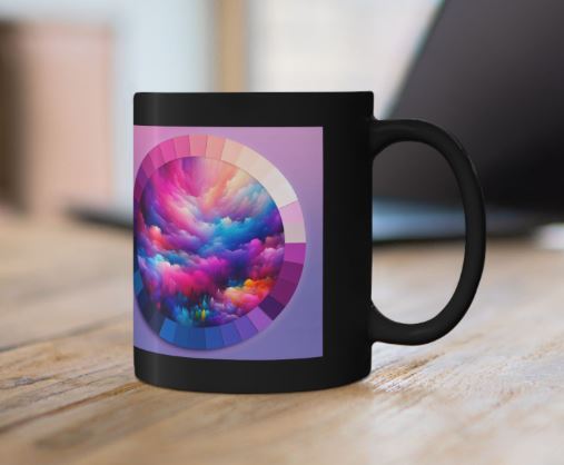 Creative setting mockup of rainbow swirl mug styled in modern workspace