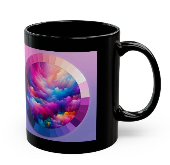 Right side view of abstract rainbow cloud mug with bold vivid color palette