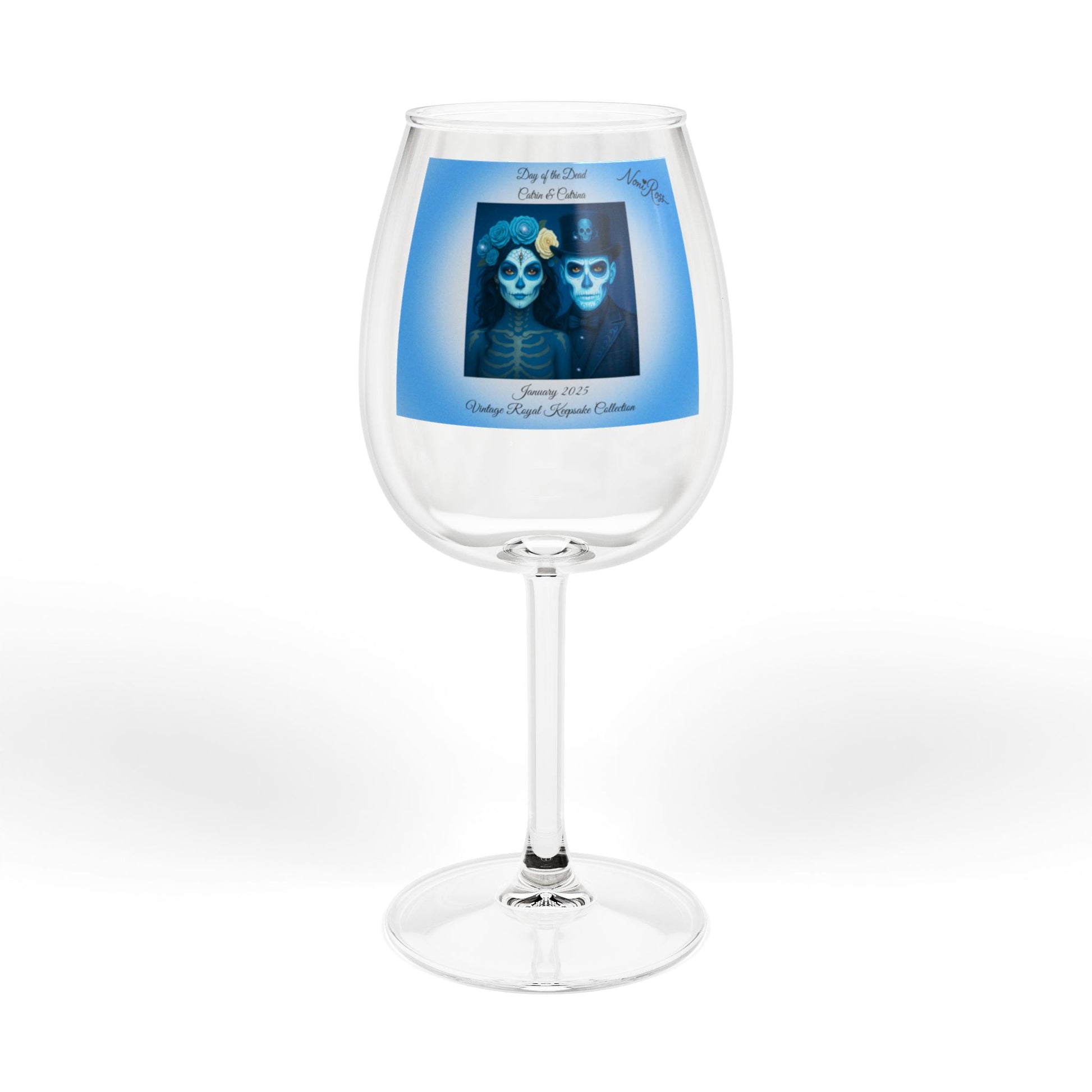 front view of wine glass showing january day of the dead couple blue design and catrin catrina artwork