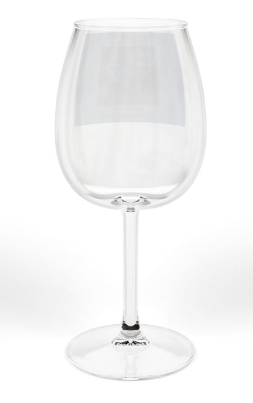 back view of wine glass showing blue gradient wrap and vintage royal keepsake design