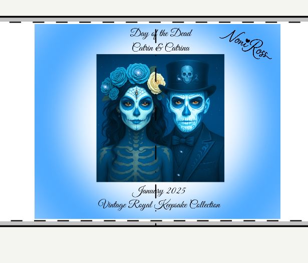 close up of day of the dead couple artwork showing detailed blue catrina and catrin portrait on wine glass